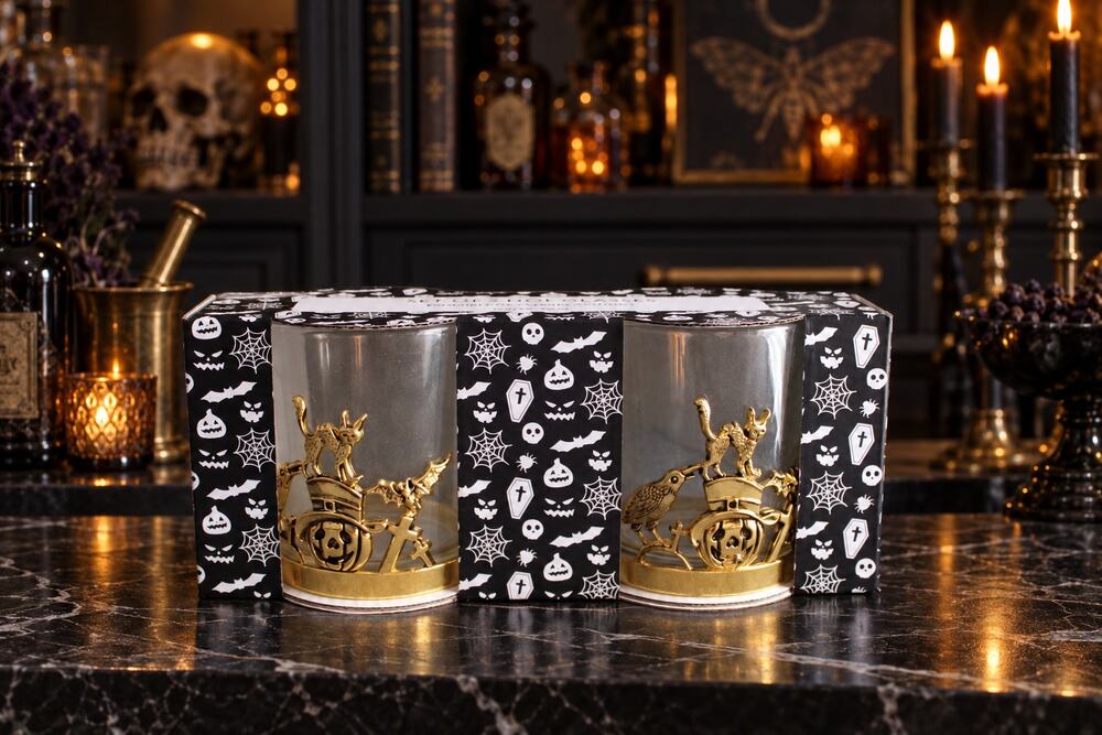 Halloween Gold Graveyard Double Old Fashioned Glasses Gothic Set